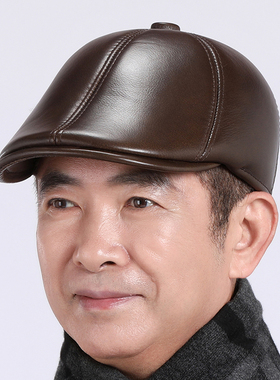 真皮帽子男秋季冬中老年加厚保暖鸭舌帽真皮帽子前进帽时尚贝雷帽