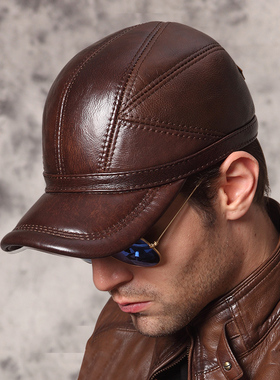 皮帽子男秋季冬天头层牛皮帽子男潮棒球帽休闲真皮帽子中老年男帽