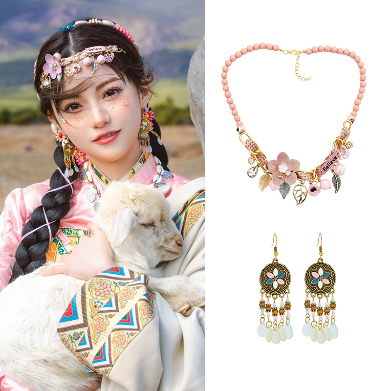 藏族民族风复古珍珠头饰额头链超仙彩色波西米亚流苏耳环发饰品女