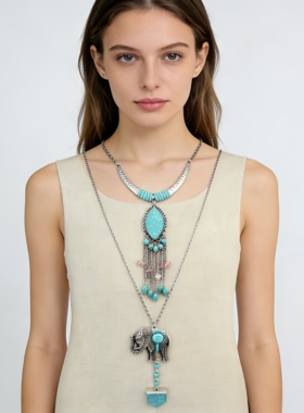 波西米亚风多层叠戴大象吊坠项链