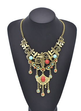 欧美复古做旧夸张项链松石流苏合