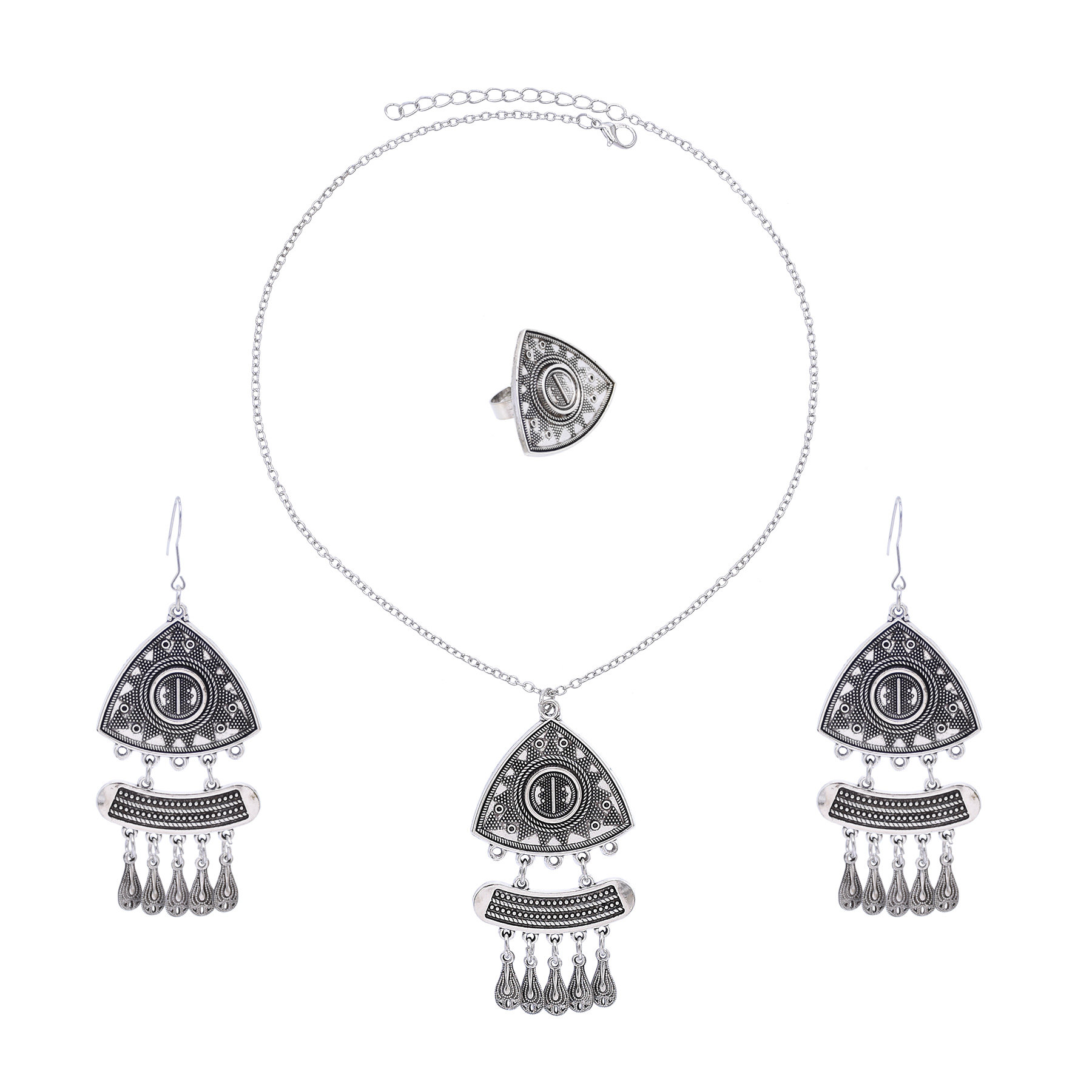 古银多层三角流苏首饰套装民族风哈萨克合金耳环项链戒指三件套女