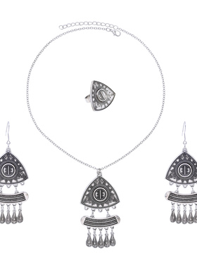 民族风古银多层三角流苏首饰套装