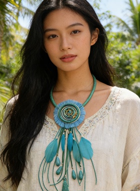 波西米亚风捕梦网羽毛流苏项链女