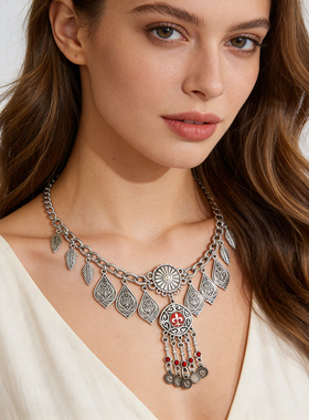 波西米亚复古仿松石流苏项链女