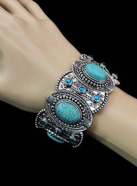 新款哈萨克宽边镶仿绿松石手镯女