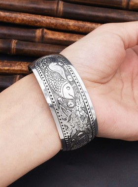 宽细边开口复古几何雕花中式镯子