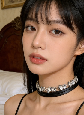 甜酷双层爱心水钻choker项链配饰