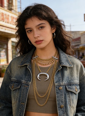 欧美风多层叠戴项链毛衣链配饰女