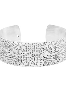 银质宽边雕刻花纹女士款开口手链