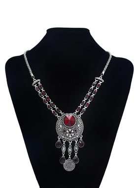 波西米亚复古民族风合金彩色水钻流苏项链耳环套装饰品女服装配饰