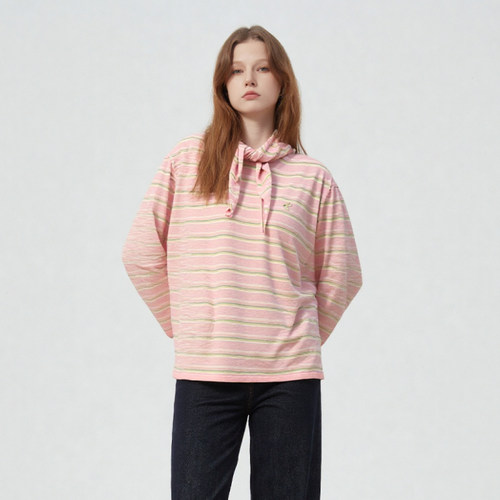 彩色趣味条纹羊毛混纺长袖T恤(附三角巾）