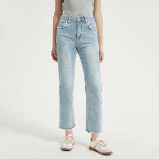 九分牛仔裤 女士磨毛高腰直筒修身 Bari Petit