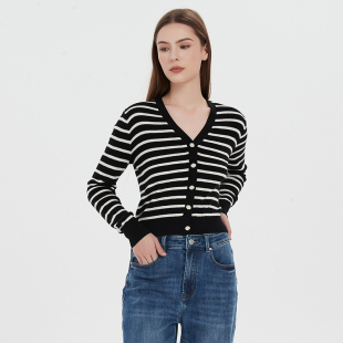 条纹V领羊毛针织开衫 Petit Bari