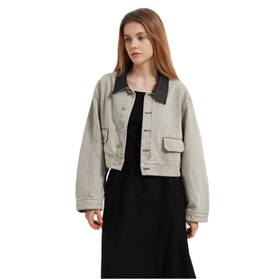 水洗产品 Petit 牛仔外套 拼接皮领水洗短款 Bari