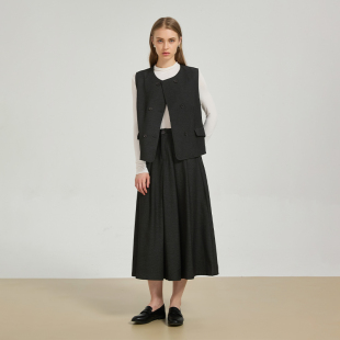 A字褶皱半裙套装 质感双排扣宽松西装 马甲