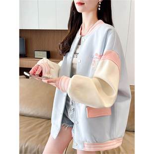 初春外套女2025新款学生宽松春秋百搭拼色刺绣休闲棒球服夹克上衣