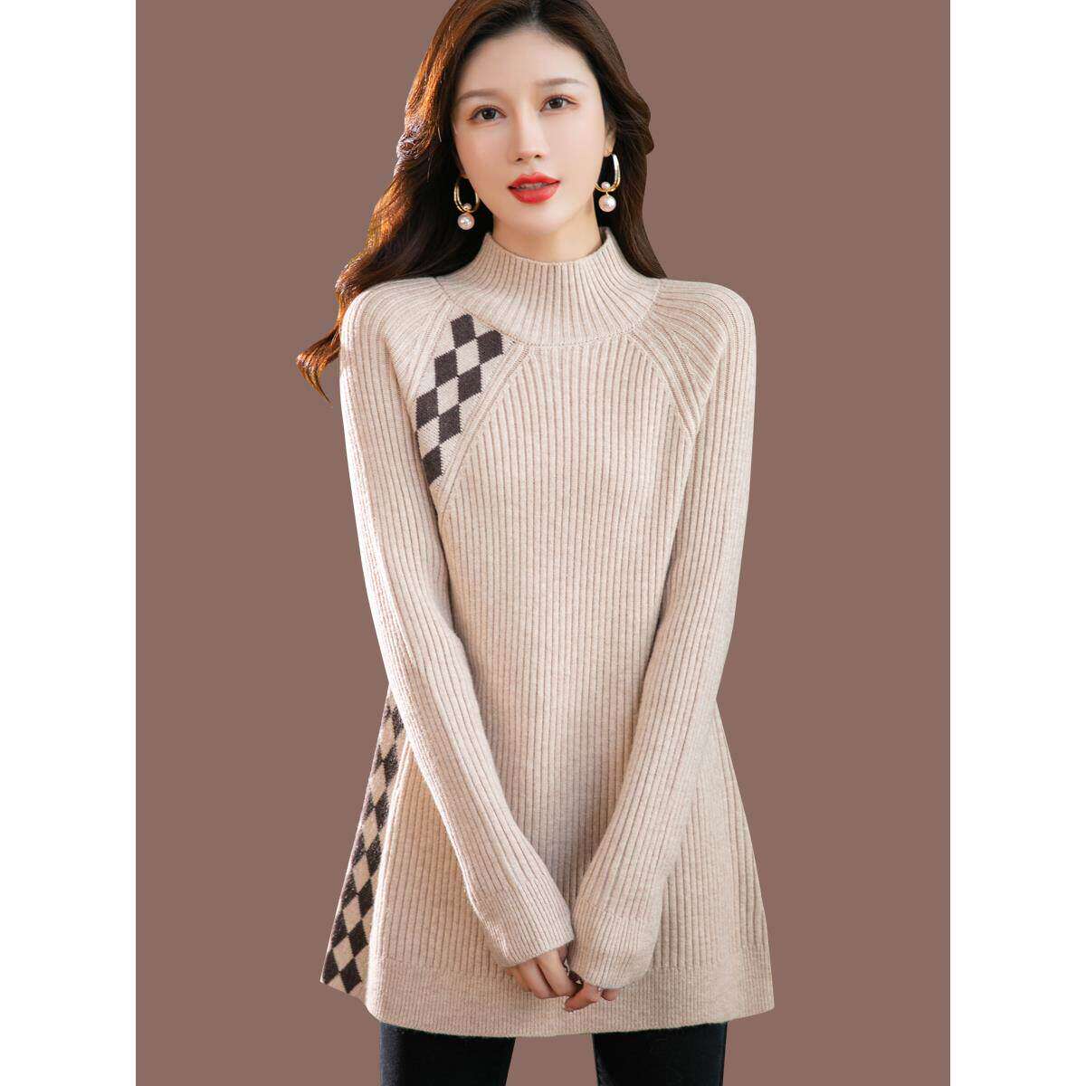 中长款女士加厚毛衣秋冬新款洋气内搭半高领羊毛针织打底衫