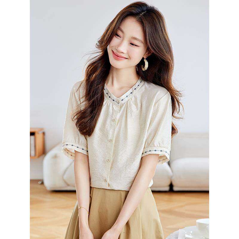 纯棉短袖女上衣夏薄款轻奢高级感2025夏日新款爆款精致设计感衬衫