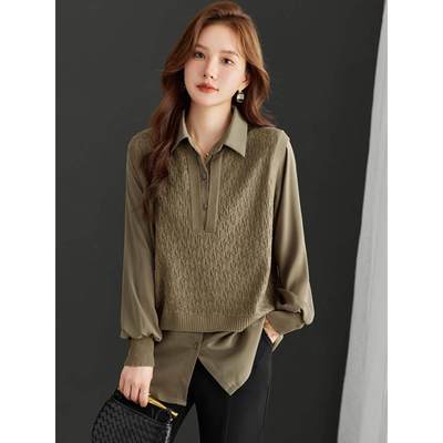 春秋季新款假两件针织衫女翻领宽松雪纺衬衫中长款休闲遮屁股上衣