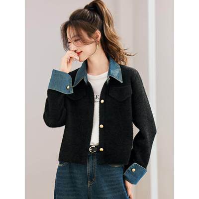 黑色外套女秋冬装2025新款今年流行爆款牛仔拼接上衣时尚休闲开衫