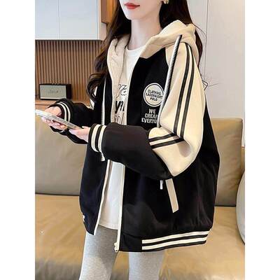 初高中学生超好看学院风连帽卫衣棒球服女秋冬加绒加厚羊羔毛外套