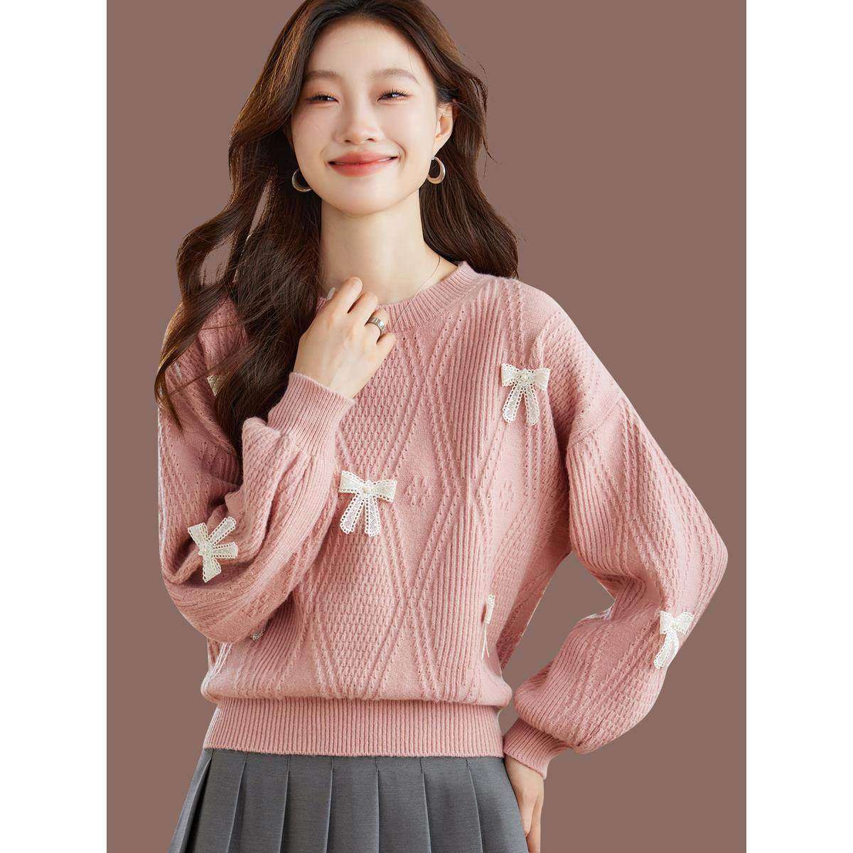 时尚灯笼袖毛衣女春秋2025新款短款羊毛针织打底衫圆领上衣,女装/女士精品,毛衣,淘宝优惠券,粉丝福利购,淘宝优惠卷