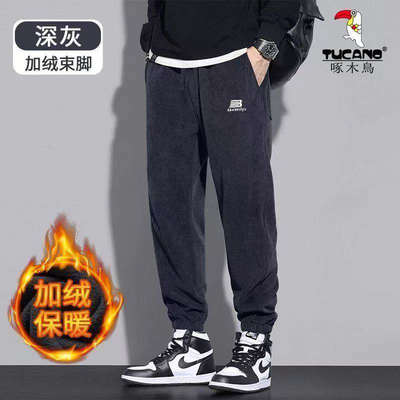 啄木鸟加绒加厚灯芯绒束脚裤男士秋冬高档韩版潮流帅气百搭休闲裤