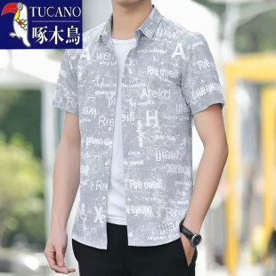 款 薄款 冰丝男士 衬衫 凉感高档宽松百搭休闲外穿上衣 短袖 啄木鸟夏季