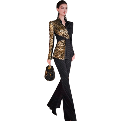 秋季小众豹纹亮片撞色拼接衬衫喇叭裤两件套新款欧美帅气套装