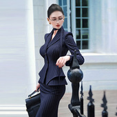 假两件西服开衩包臀裙两件套 裙新款 VJE秋装 OL职业条纹套装