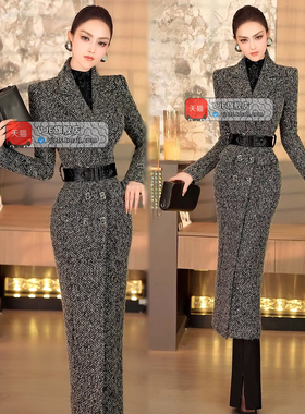 VJE冬季时尚双排扣毛呢大衣2025新款气质干练中长款过膝收腰外套