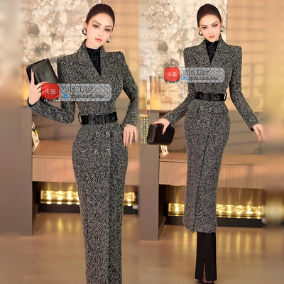 VJE冬季时尚双排扣毛呢大衣2025新款气质干练中长款过膝收腰外套