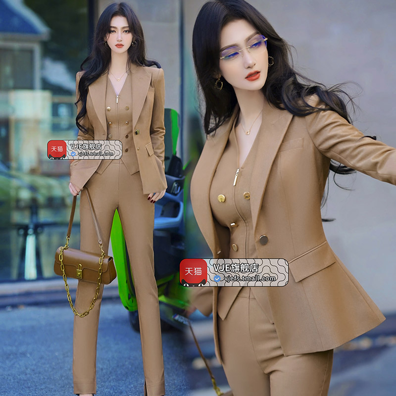 VJE春季职业OL西装套装新款修身外套马甲高腰小脚裤三件套