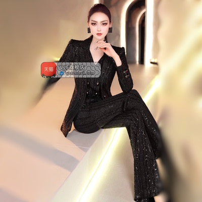 VJE秋冬假两件OL西装微喇叭裤两件套2025新款修身干练职业套装