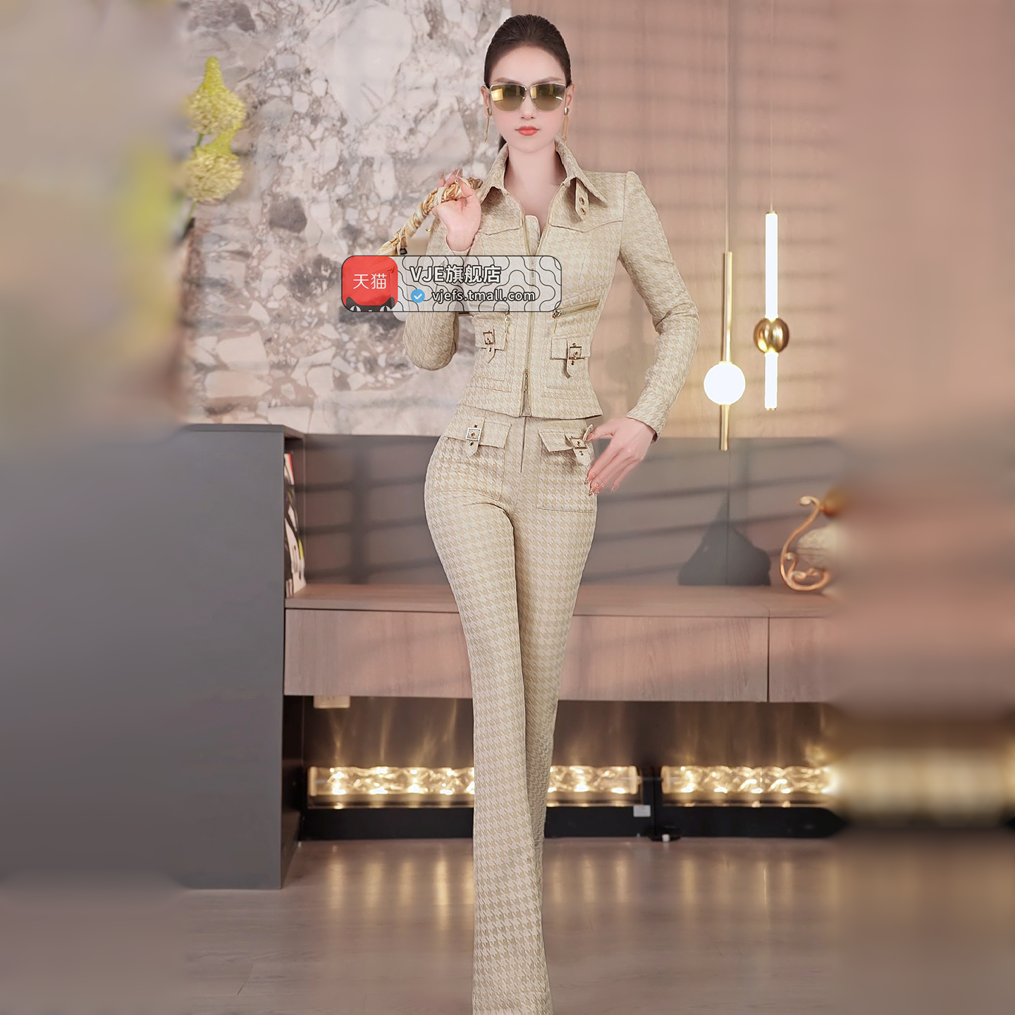VJE春季欧美小众设计感上衣微喇叭裤两件套2026新款女神范OL套装