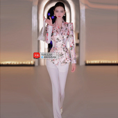 VJE新中式 女人味OL套装 印花撞色小西服喇叭裤 两件套早秋薄款