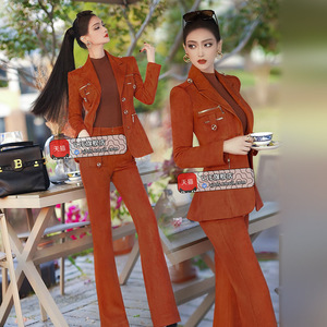 VJE秋冬OL职业西装套装2023新品气质修身小西服高腰喇叭裤两件套