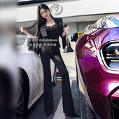 套装 VJE春季 外套高腰喇叭裤 气质T恤短款 女 黑色职业三件套新品