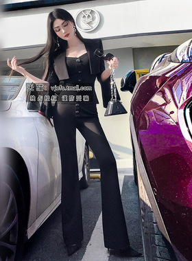 VJE春季黑色职业三件套新品气质T恤短款外套高腰喇叭裤套装女