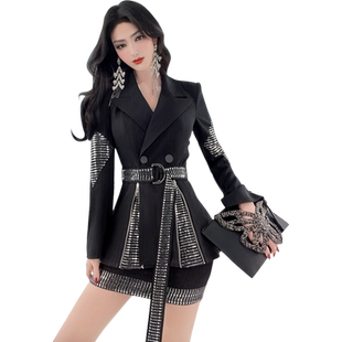 VJE春装设计感亮片炸街减龄西装套装新款拼接西服裙裤两件套