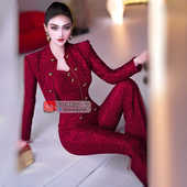 OL套装 三件套新款 提花半高领短外套背心垂顺喇叭裤 VJE秋季