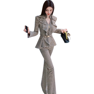 VJE春季千鸟格气质干练套装新款时尚荷叶边外套喇叭裤两件套