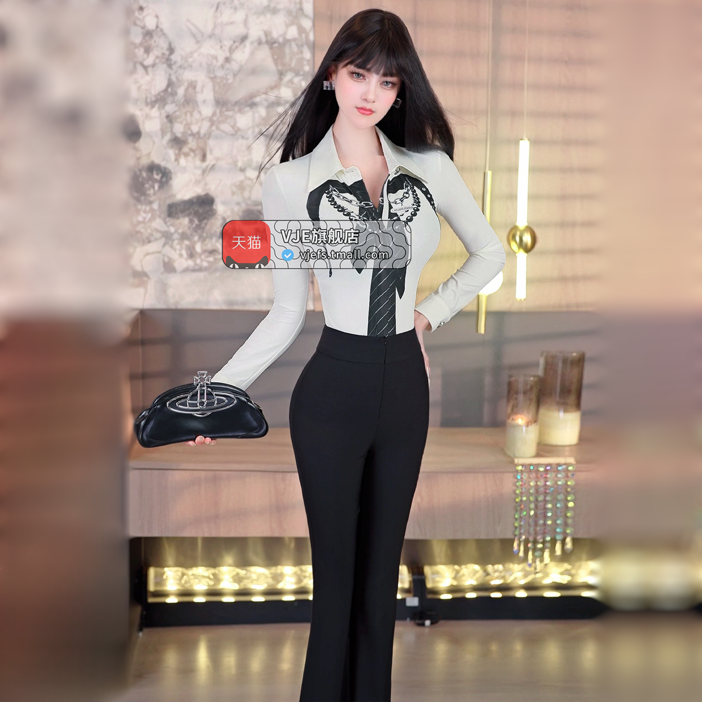 VJE春季欧美设计感领带印花职业修身衬衫2026新款气质干练小上衣