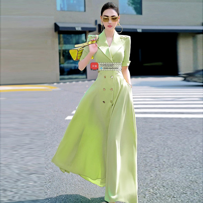 VJE夏季小众职业西装领双排扣连衣裙2025新款时尚通勤过膝长裙