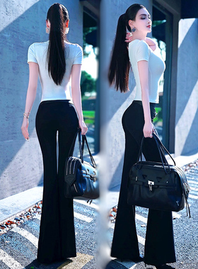 VJE夏季女士黑色薄款垂顺微喇叭裤2025新款高腰修身休闲长裤子