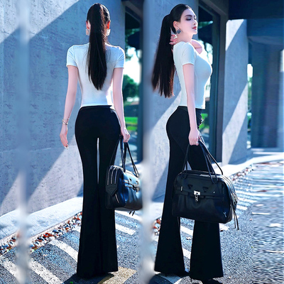 VJE夏季女士黑色薄款垂顺微喇叭裤2025新款高腰修身休闲长裤子