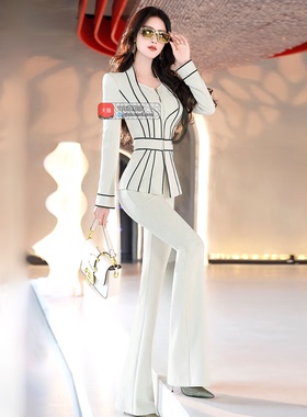 初秋欧美假两件拼接织带职业套装2025新款小西服高腰喇叭裤两件套