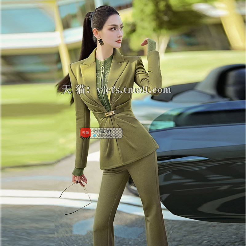 VJE格林系复古优雅秋香绿套装