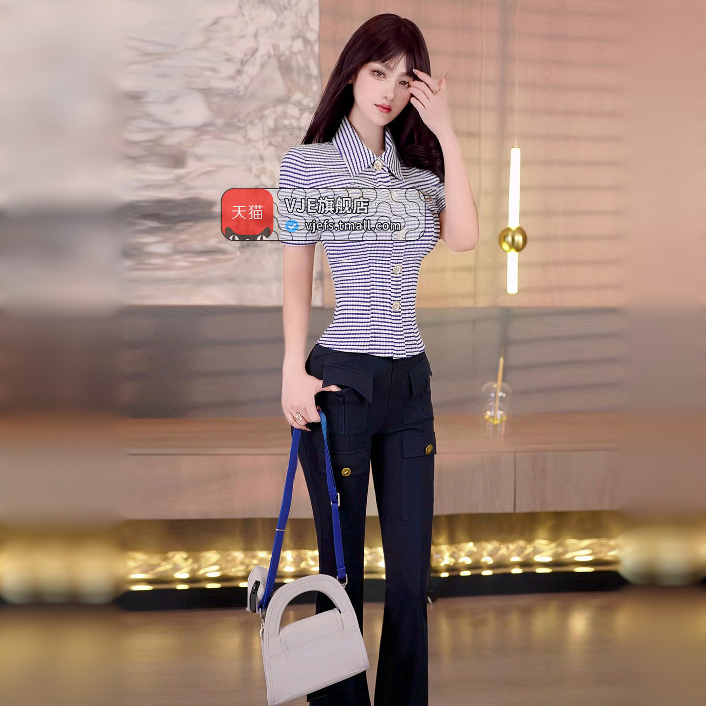 VJE夏季时尚女士修身格纹衬衫2026新款干练减龄职业OL短袖上衣